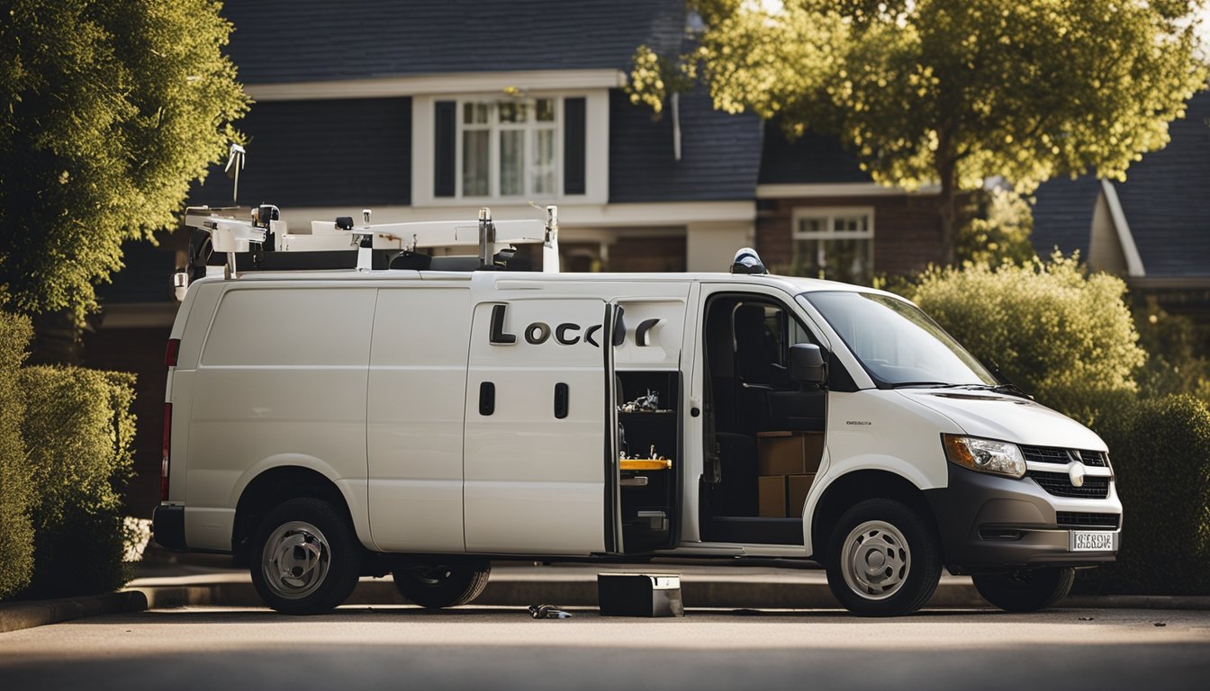 A locksmith van parked outside a suburban home, with tools and keys scattered on the ground. A broken lock on the front door