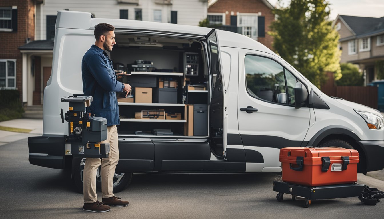 A locksmith van parked in a residential neighborhood with a toolbox and key cutting machine. A customer standing by the van, asking questions