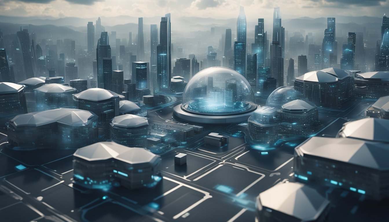 A futuristic city skyline with multiple layers of security barriers and shield-like structures surrounding a central cloud data center