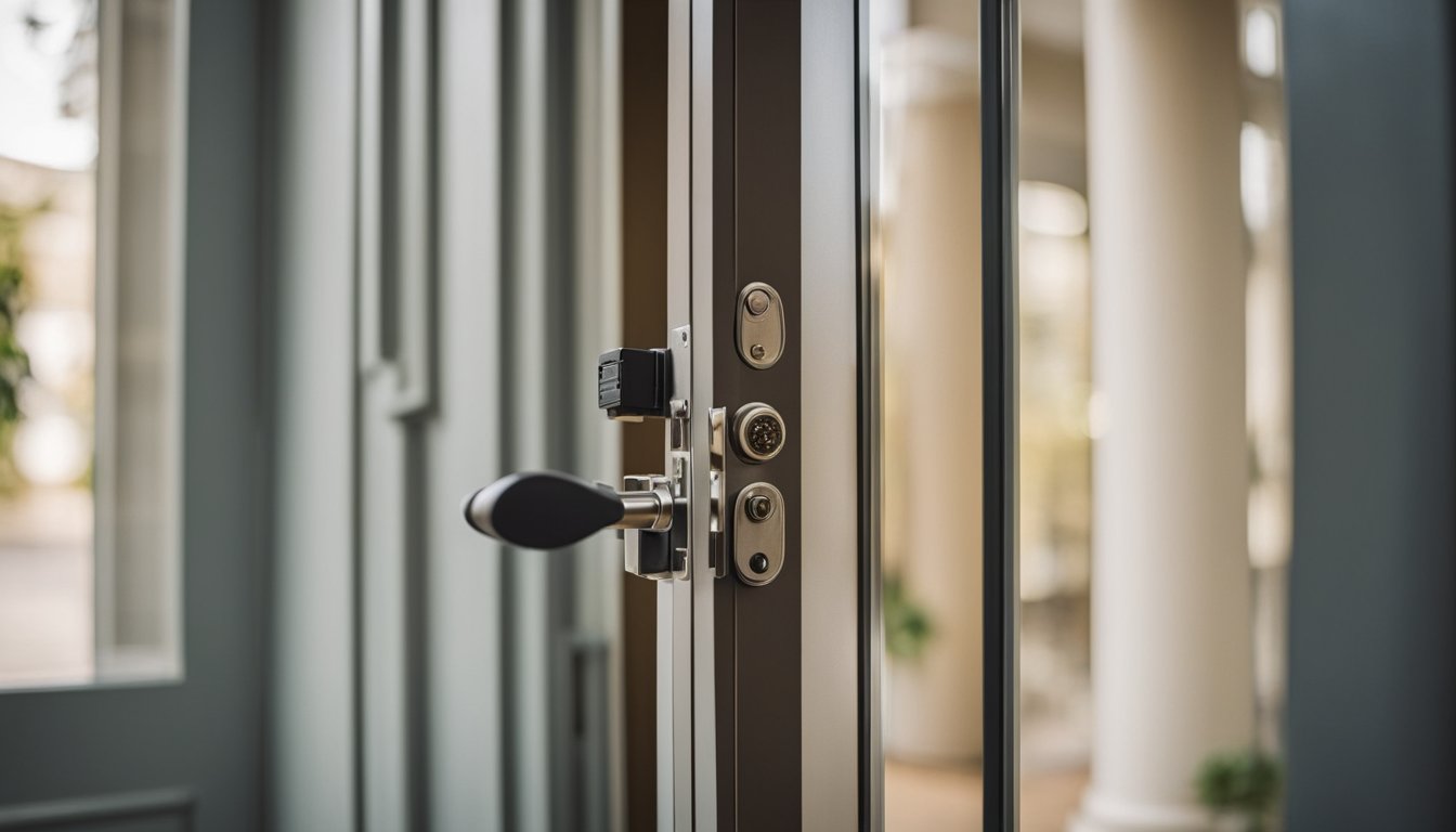 A front door with a deadbolt lock and a window with a closed curtain. A key in the lock and a security camera above the entryway