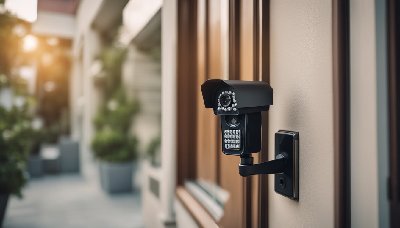 A cozy apartment with a front door secured with a deadbolt, a window with a sturdy lock, and a security camera mounted outside