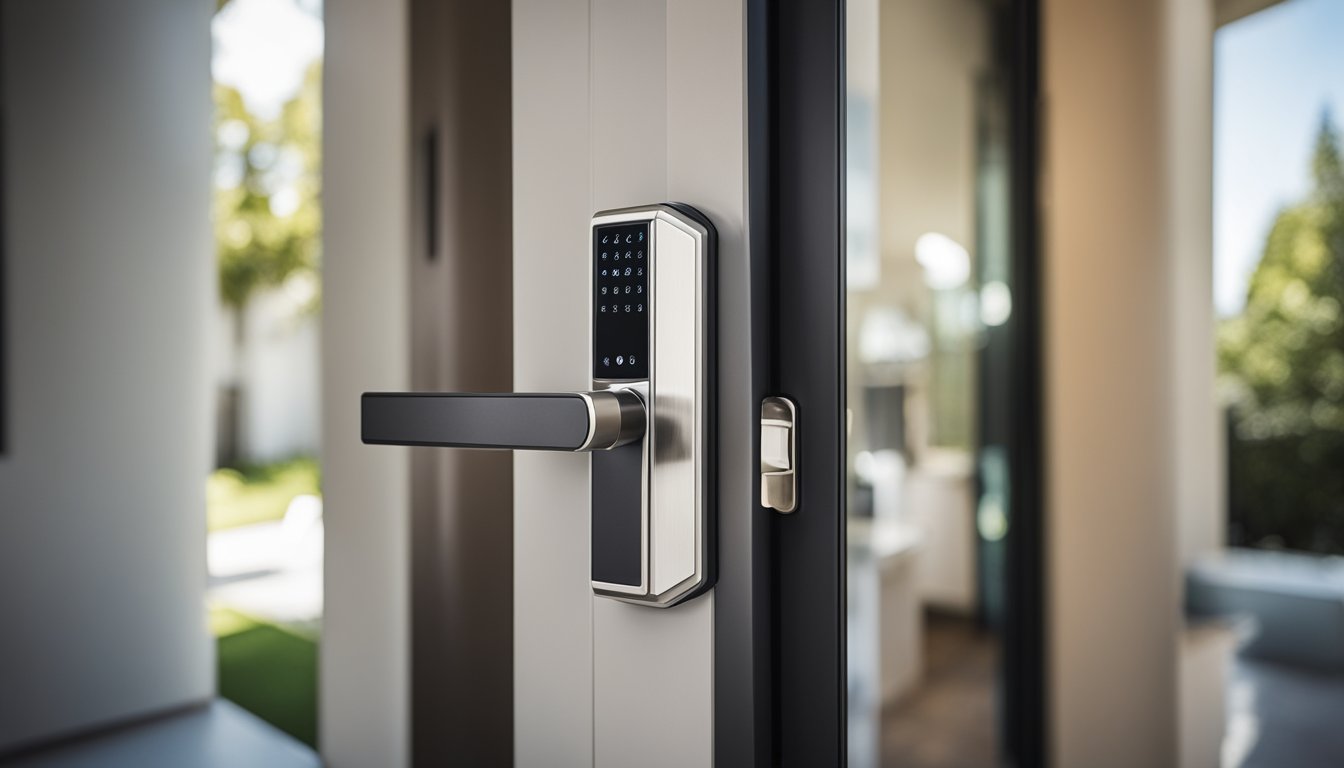 A modern lock system with advanced security features, including keyless entry and biometric scanning, protecting a contemporary home