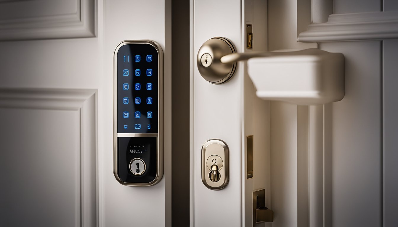 A modern smart lock installed on a front door, with a keypad and keyless entry, surrounded by a secure and well-lit exterior