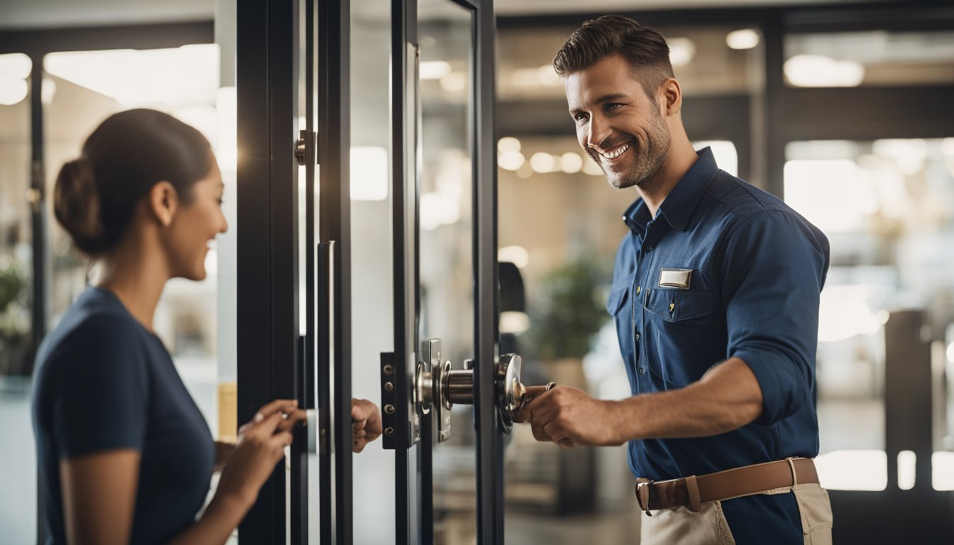 A locksmith carefully unlocks a door, while a satisfied customer looks on with a smile