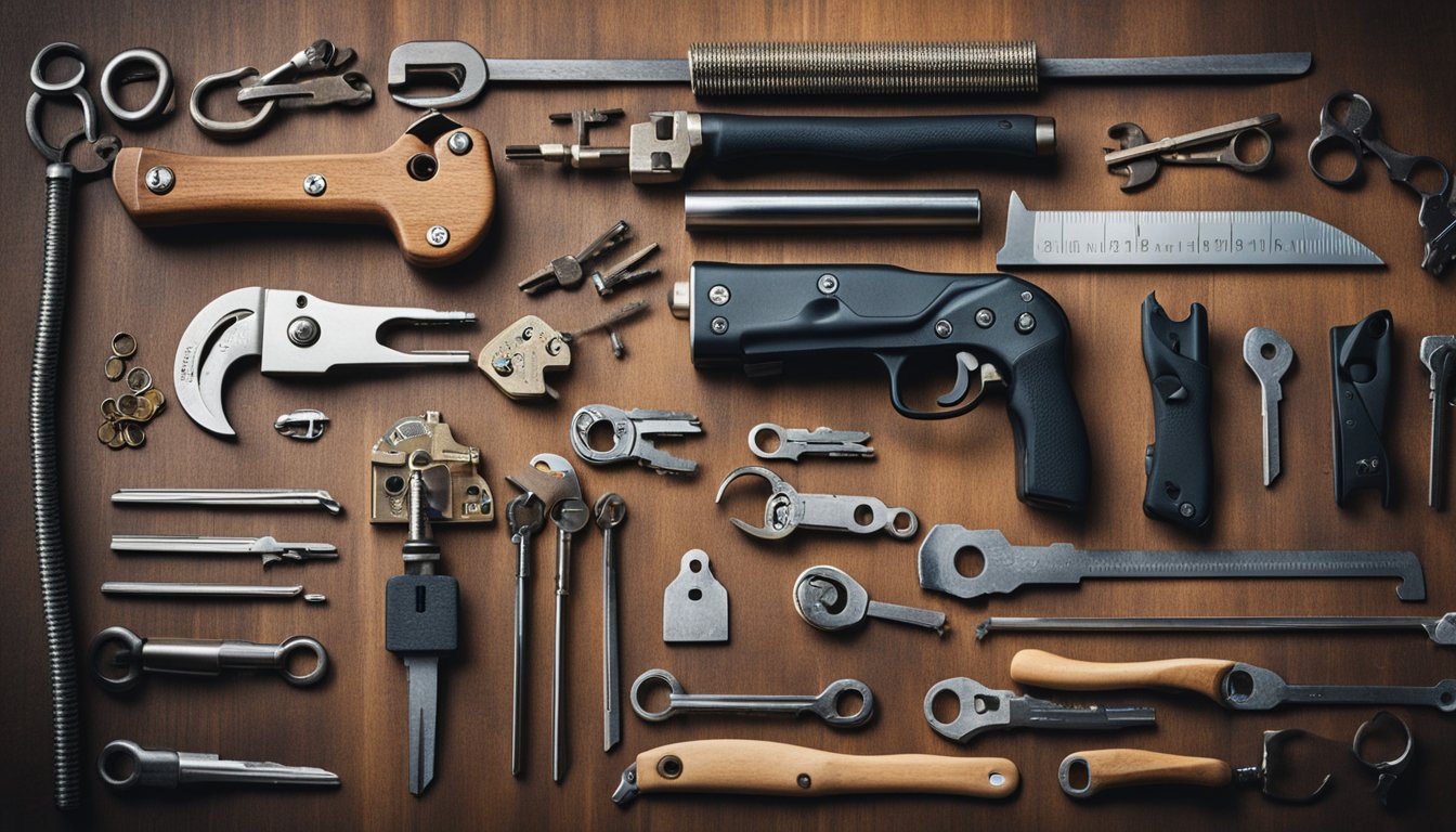 A locksmith's toolkit laid out neatly on a wooden workbench, with various keys, lockpicks, and other essential tools neatly organized and ready for use