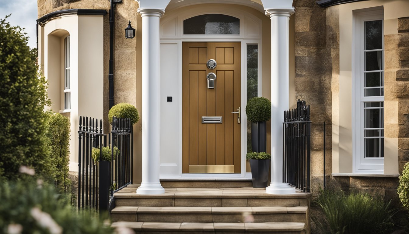 A traditional UK home with a wooden front door fitted with a modern smart lock. The lock is sleek and metallic, contrasting with the traditional architecture