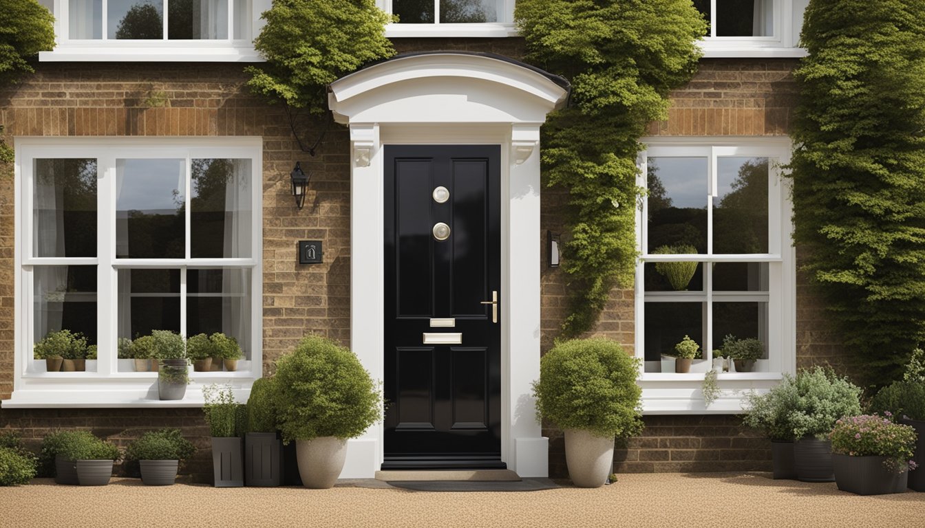 A traditional UK home with a smart lock being installed on the front door by a technician