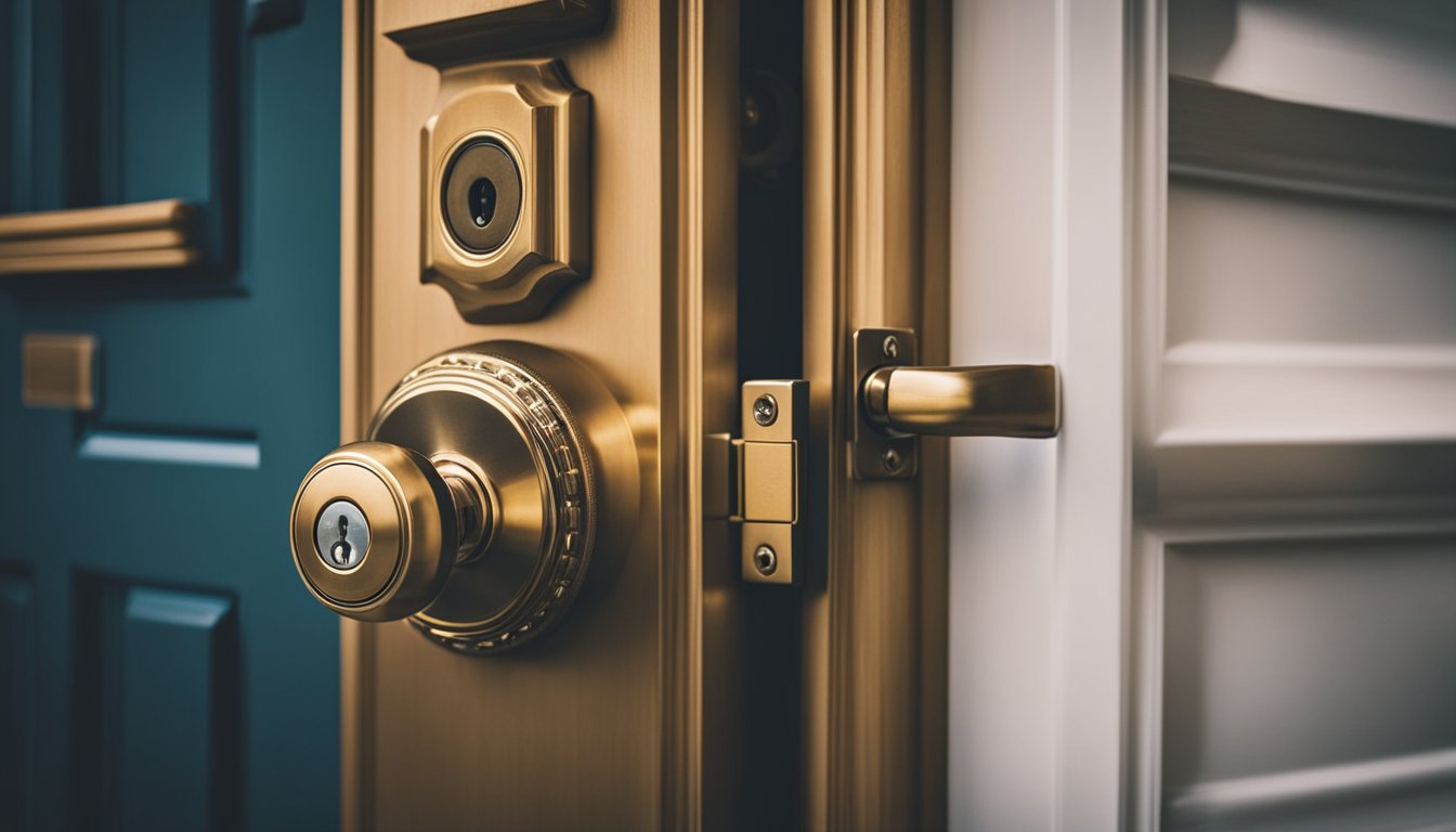 A locksmith installing a deadbolt lock on a front door