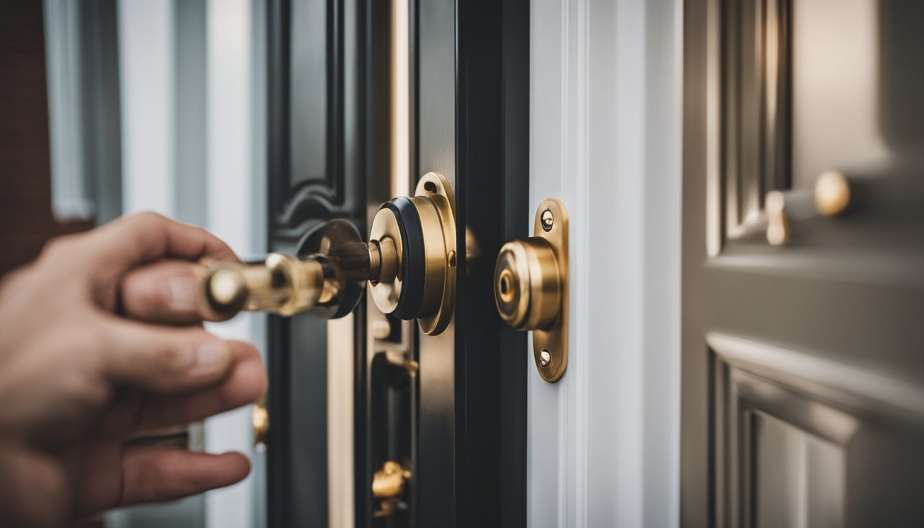 A locksmith installing a new deadbolt on a front door while a family watches from inside