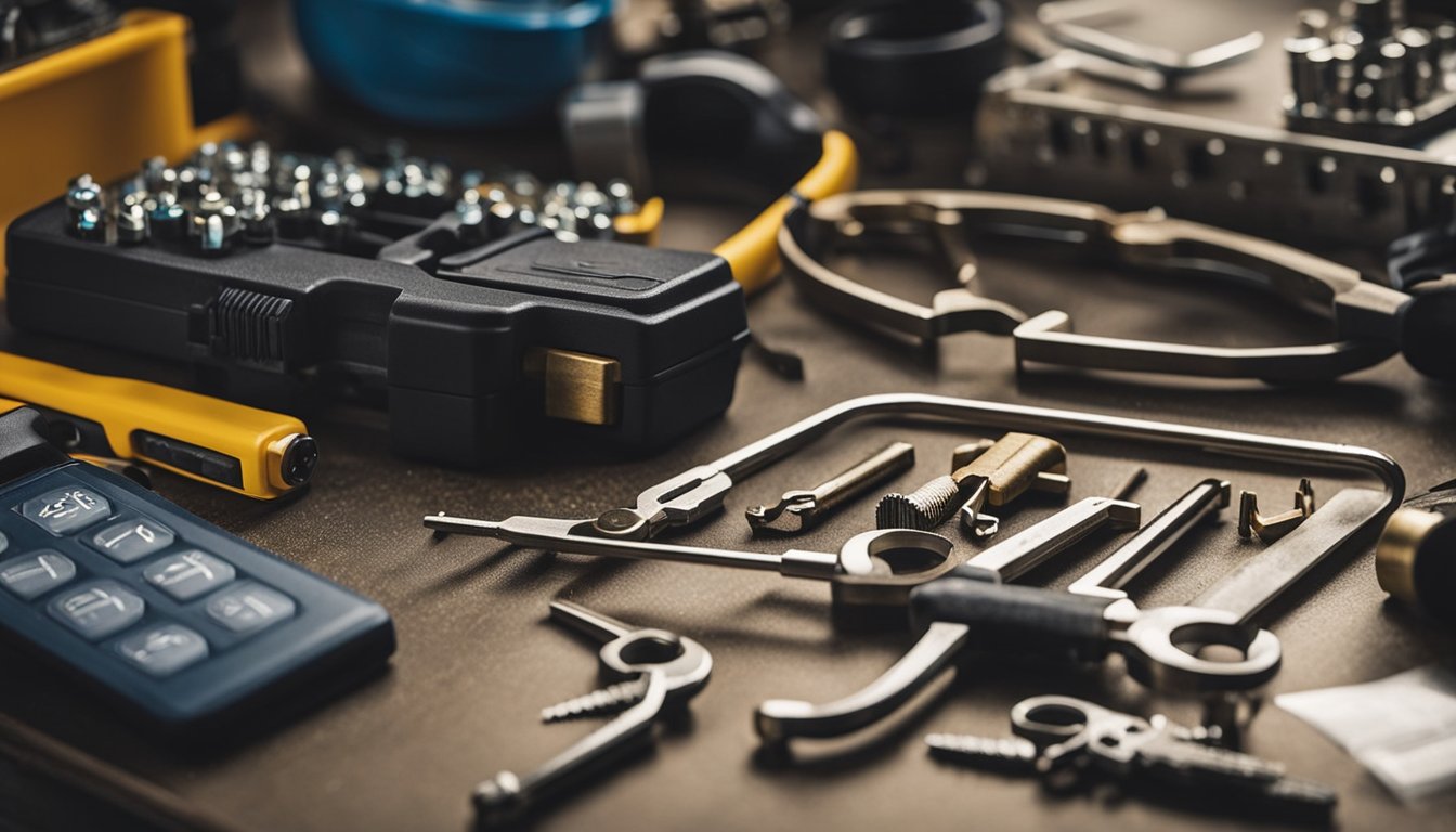 A locksmith's workbench with various tools, including lock picks, tension wrenches, and key extractors. Safety goggles and gloves are nearby, along with a guidebook on UK locksmith tools