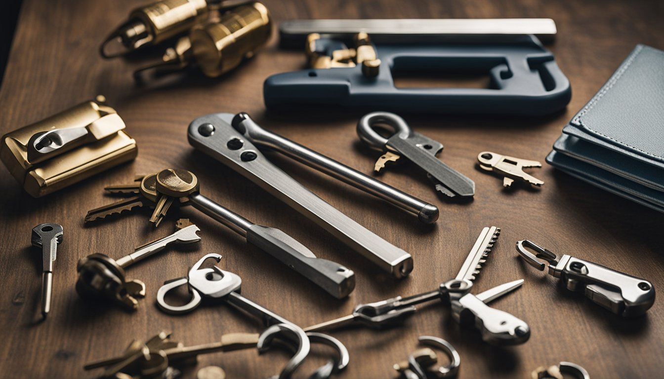 A table with various locksmith tools arranged neatly, with a guidebook open to a page titled "Frequently Asked Questions Guide To Choosing Quality UK Locksmith Tools"