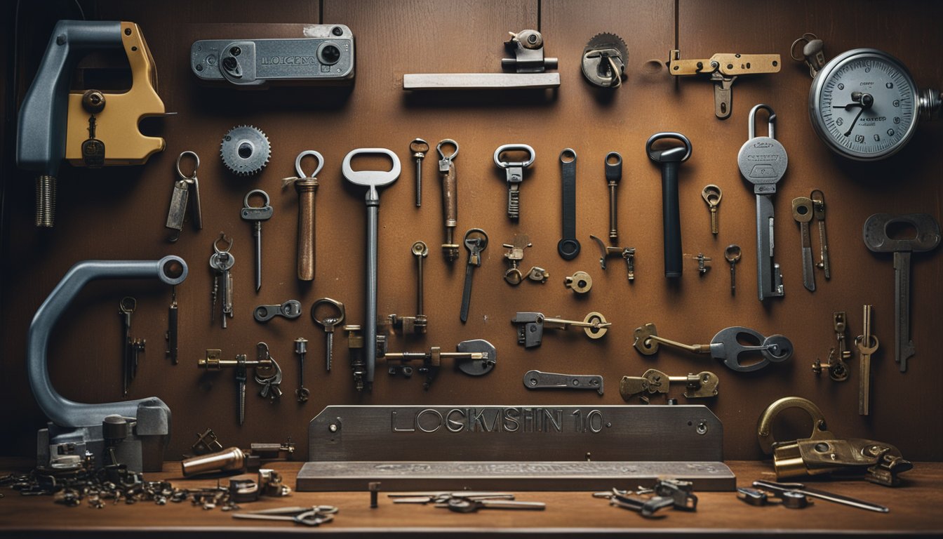 A locksmith's workbench with various tools, key blanks, and lock mechanisms. A sign with "Locksmithing 101" hangs on the wall