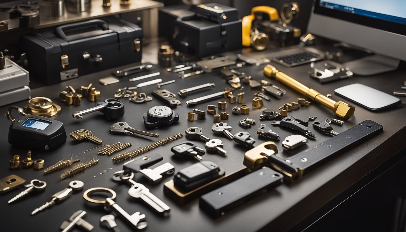 A locksmith's workbench with various tools and key blanks, a computer for researching lock systems, and a display of different types of locks and security devices