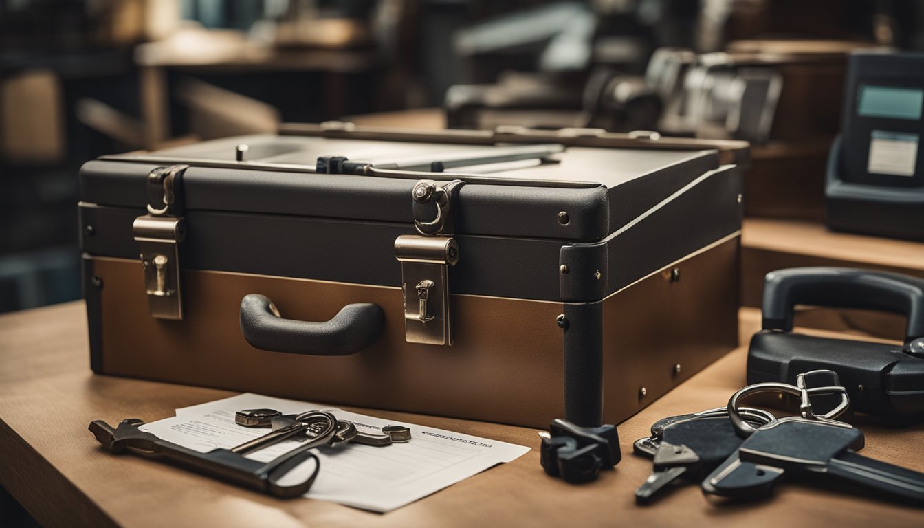 A locksmith's toolbox and legal documents on a workbench