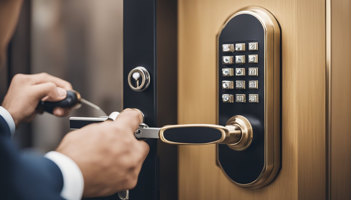 A locksmith using advanced tools to manipulate a high-security lock on a modern door