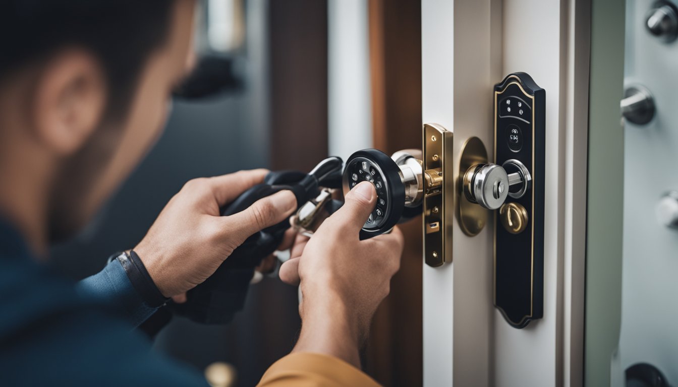 A locksmith using advanced tools to open a high-tech lock