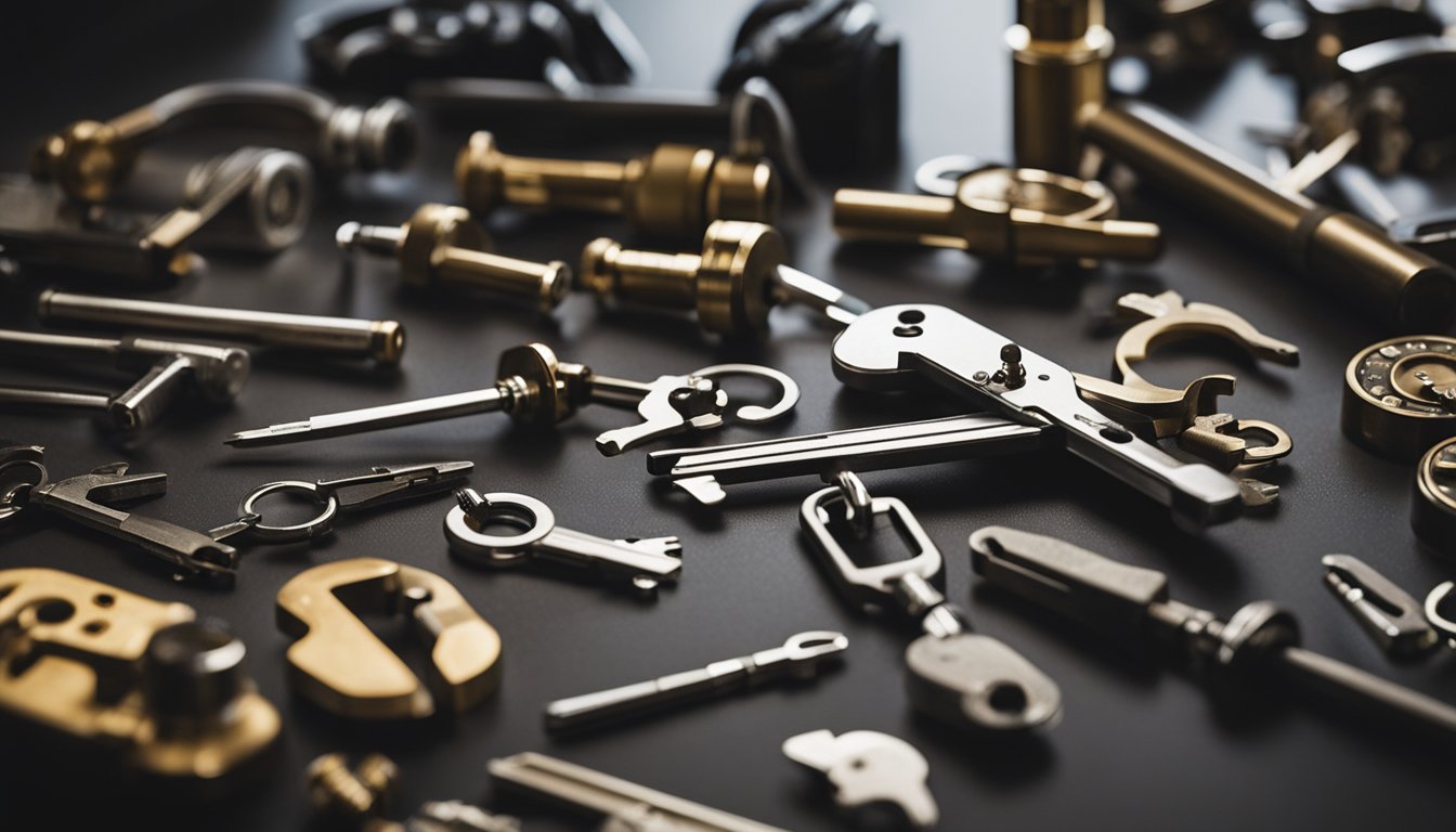 A locksmith's workbench with various tools, key blanks, and lock mechanisms spread out for practice and study