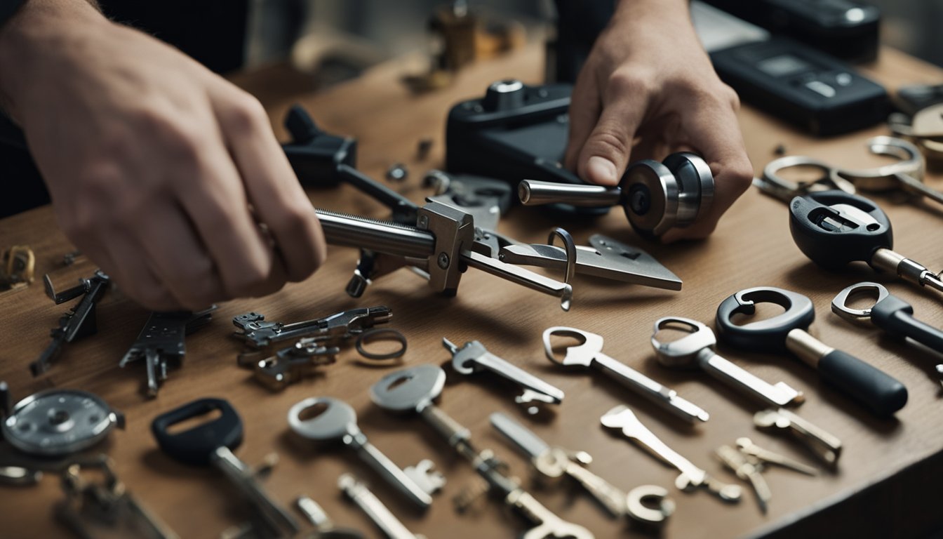 A locksmith carefully cuts and shapes keys while surrounded by various tools and equipment in a well-organized workshop