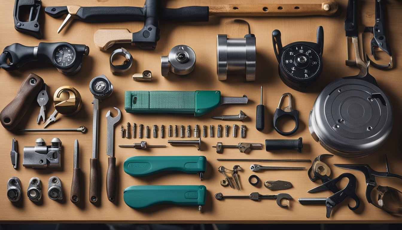 A locksmith's toolkit laid out on a workbench, with various tools and equipment neatly organized and ready for use