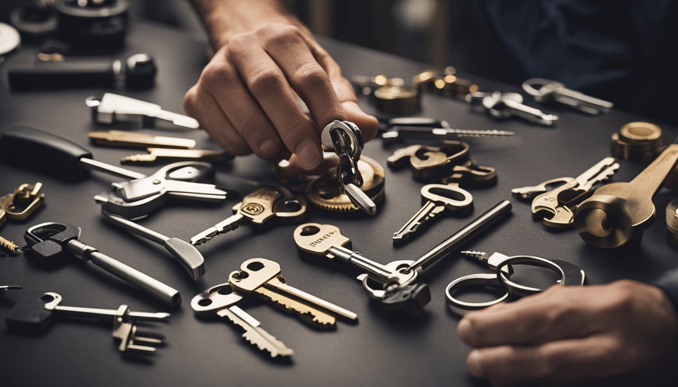 A locksmith at work using various tools to cut keys