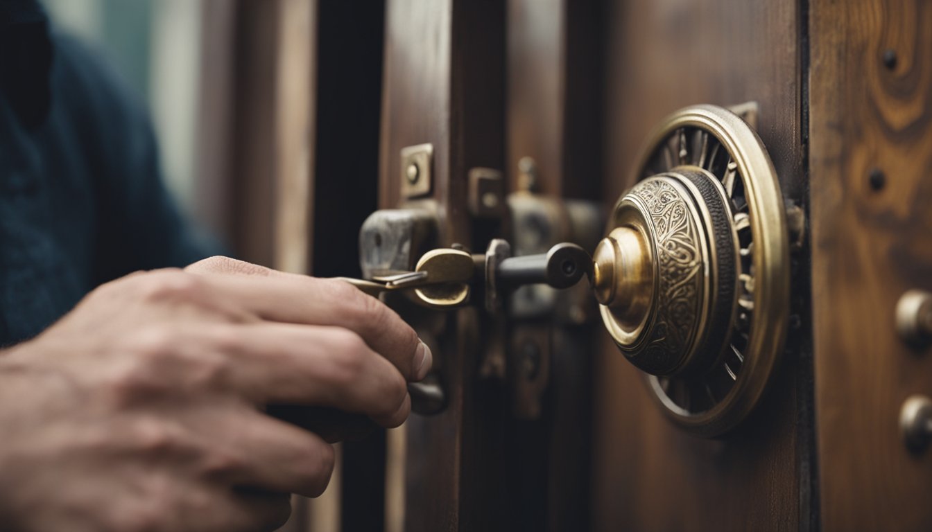 A locksmith carefully restores a centuries-old lock on a weathered wooden door in a historic building