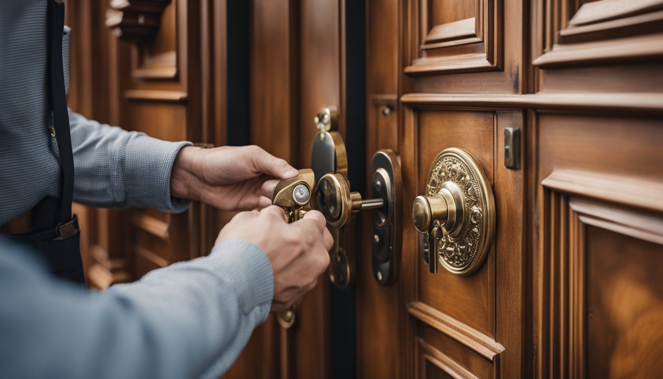 A locksmith installs a new, secure lock on the ornate wooden door of a historic UK building, ensuring both security and preservation