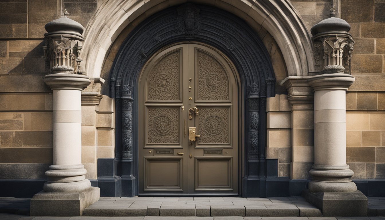 An old, ornate door with a large, intricate keyhole, set in a stone archway of a historic UK building