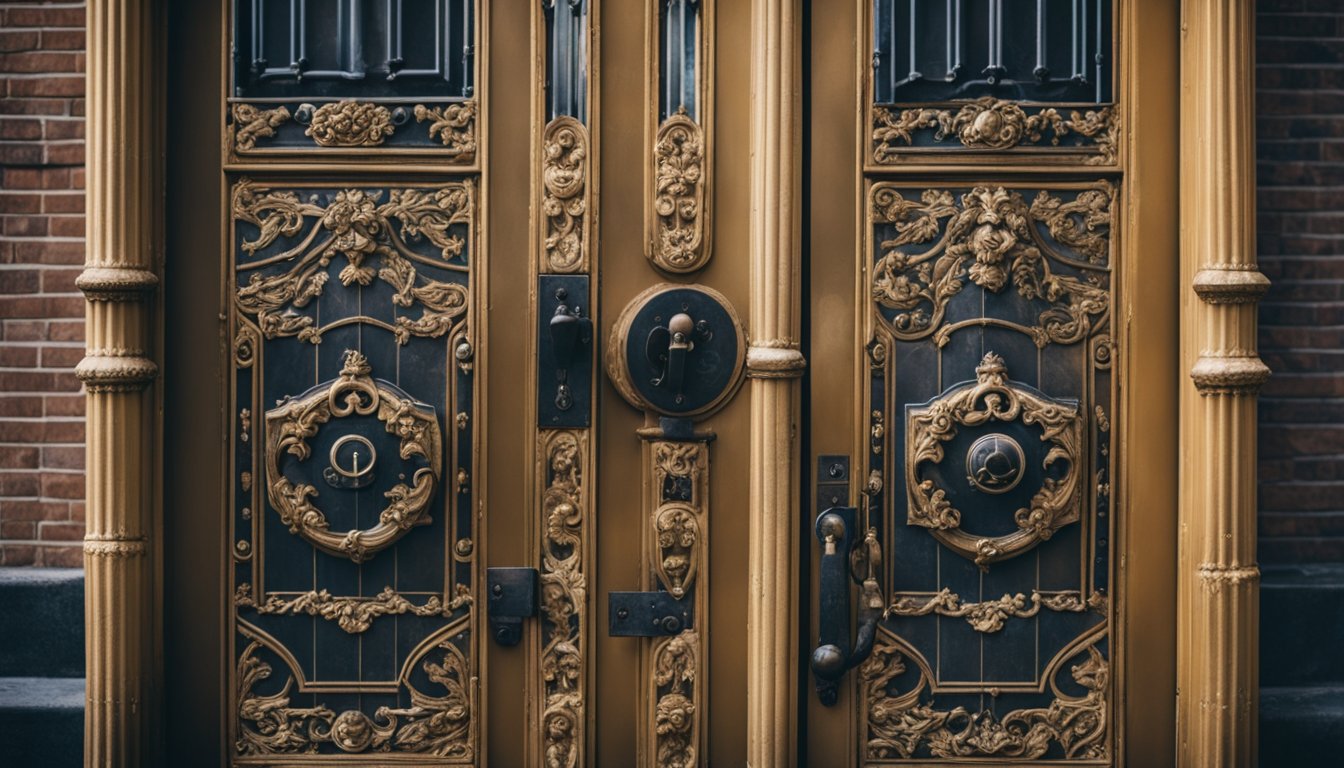 An old, grand listed building with ornate architecture and large, sturdy locks on the doors