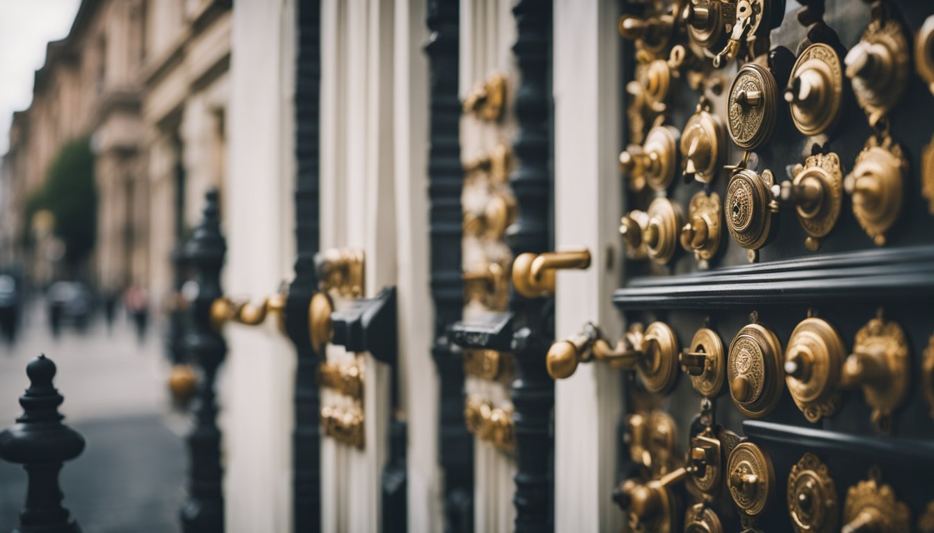 A historic building facade with ornate locks, surrounded by a selection of high-quality lock options