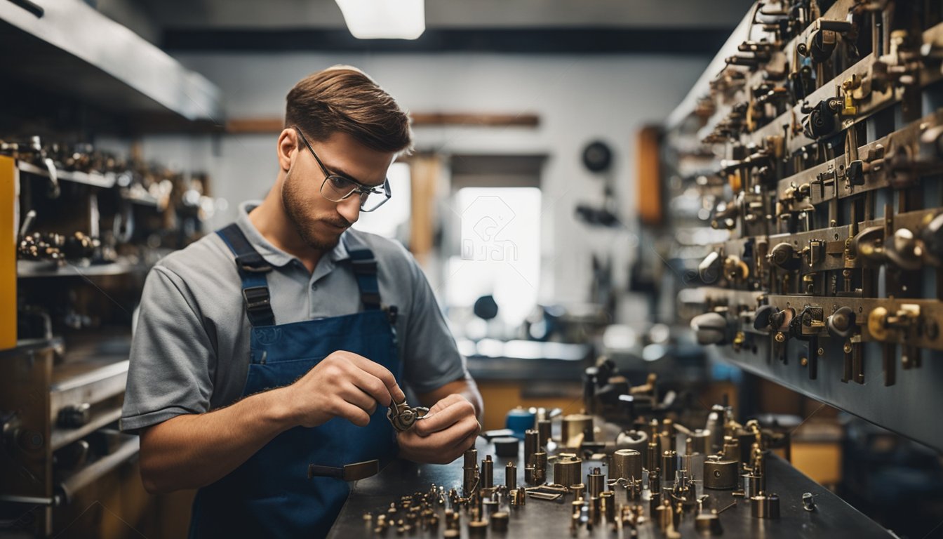 A locksmith apprentice working on a variety of locks, keys, and tools in a workshop setting