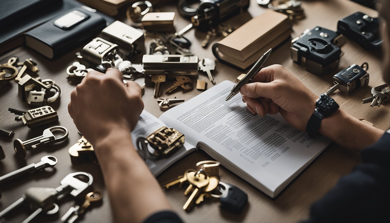 A locksmith apprentice studying a guidebook with various locks and keys scattered on the table