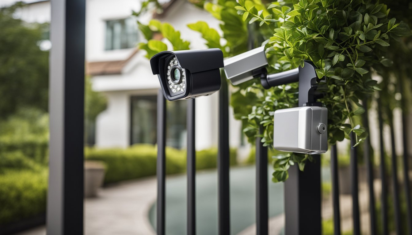 A house with a sturdy lock on the front door, motion sensor lights, trimmed bushes, and a security camera mounted near the entrance