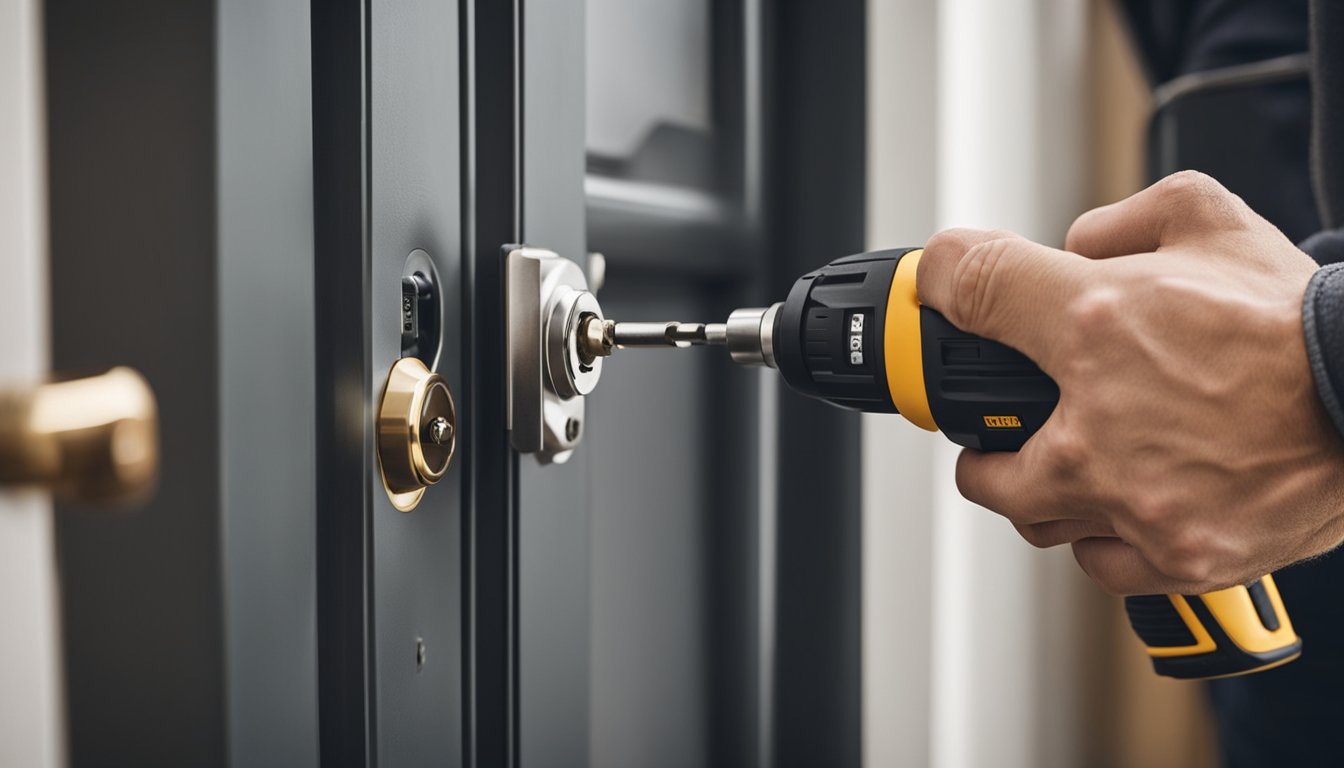 A person installing deadbolts and reinforcing door frames with a screwdriver and drill