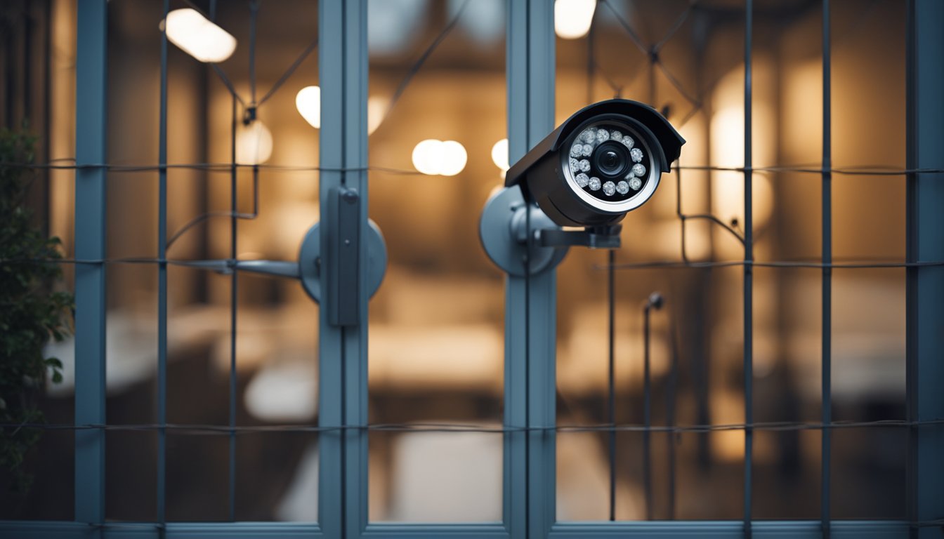 A home security scene with a locked door, window bars, motion sensor lights, and a surveillance camera