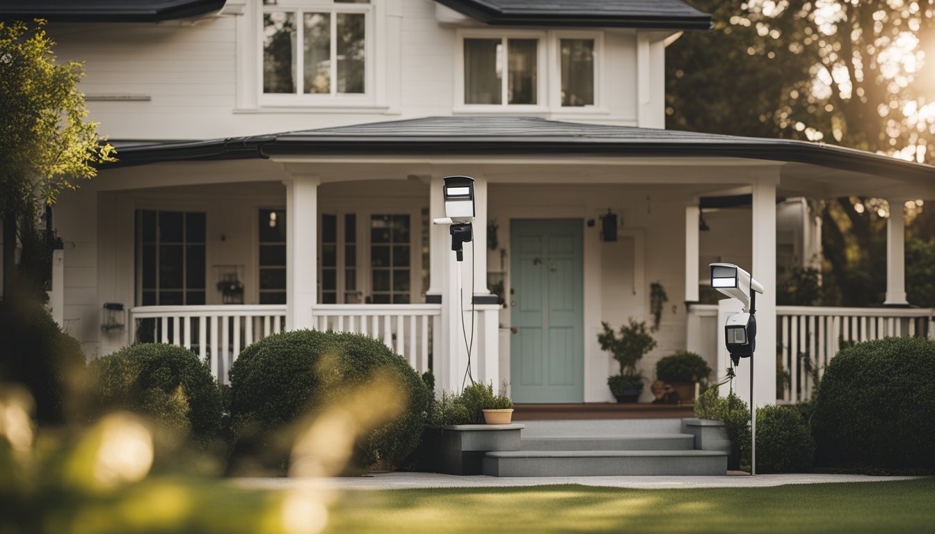 A well-lit house with security cameras, motion sensor lights, and a sturdy lock on the front door. A barking dog stands guard in the yard