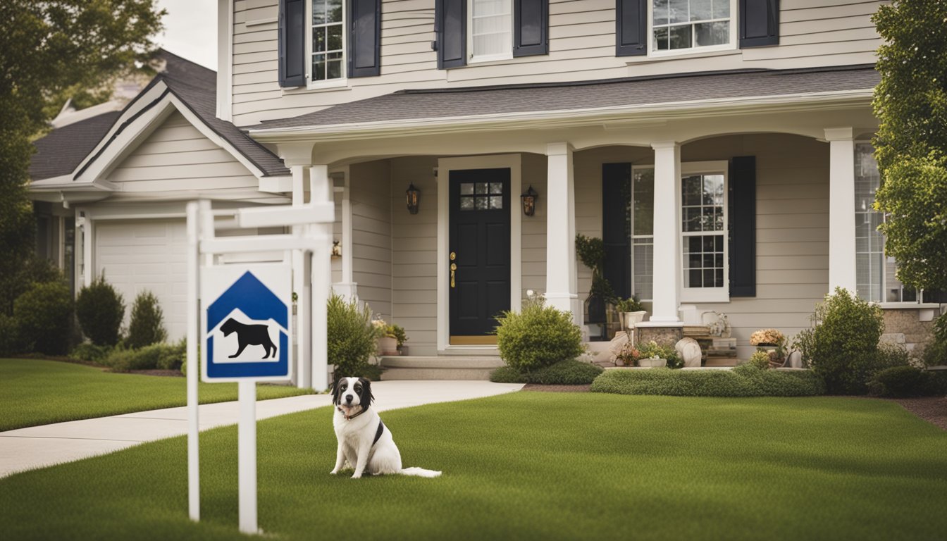 A suburban home with security signs, motion lights, and a sturdy lock on the front door. Windows have visible security bars and a barking dog inside