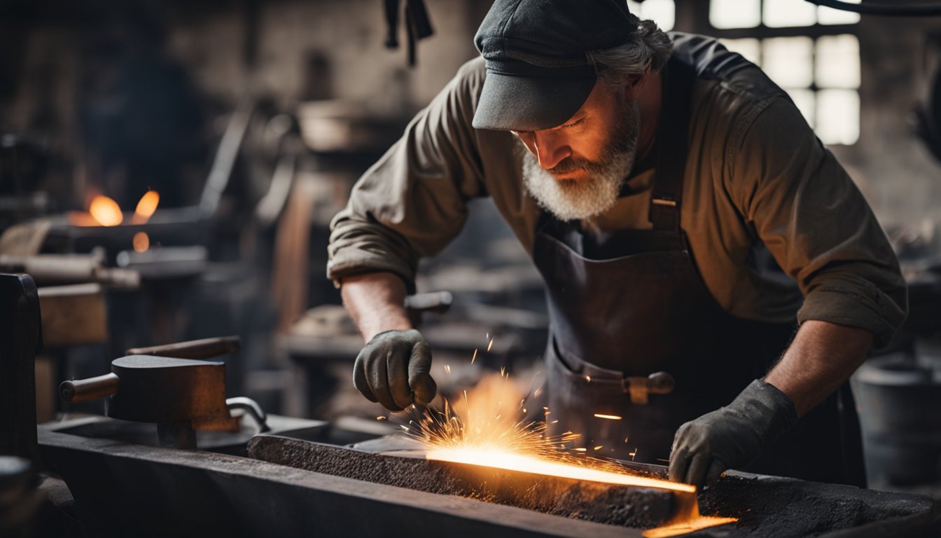 A blacksmith shaping metal over a hot forge, surrounded by traditional tools and equipment for making keys