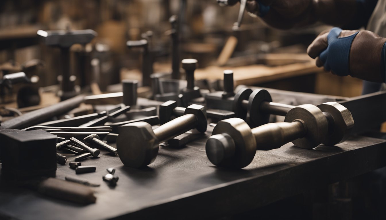 A keysmith hammers and shapes metal at a traditional workbench, surrounded by tools and materials. The workshop is filled with the sound of metal on metal and the faint smell of heated metal