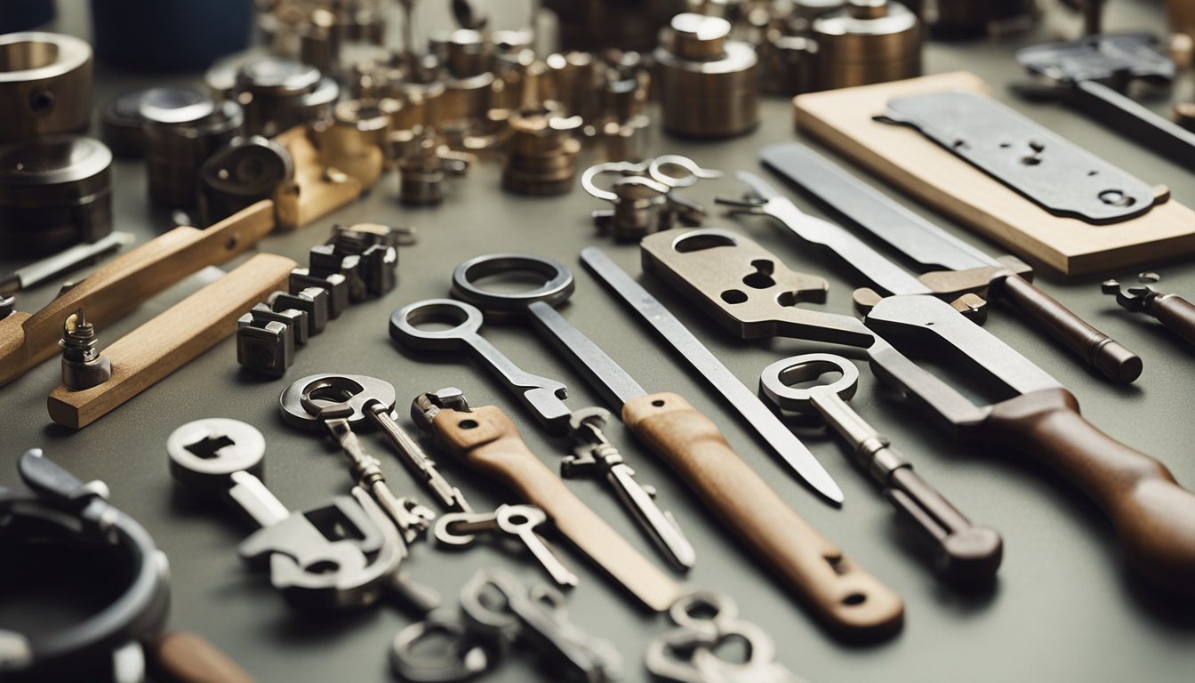 A traditional keysmithing workshop with tools, workbench, and various metal keys in progress