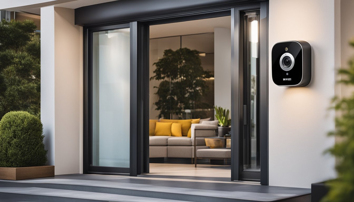 A modern home with high-tech security features, including surveillance cameras, motion sensors, and smart locks on the doors and windows