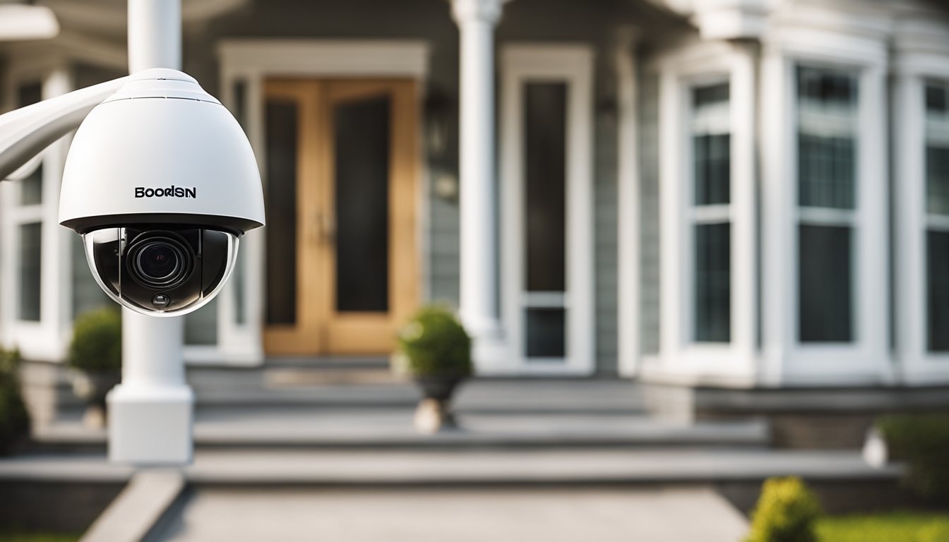 A home security system with cameras, motion sensors, and smart locks installed around the perimeter of a modern house