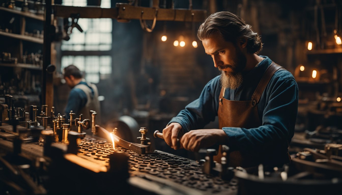 A medieval keymaker forging intricate locks in a dimly lit workshop