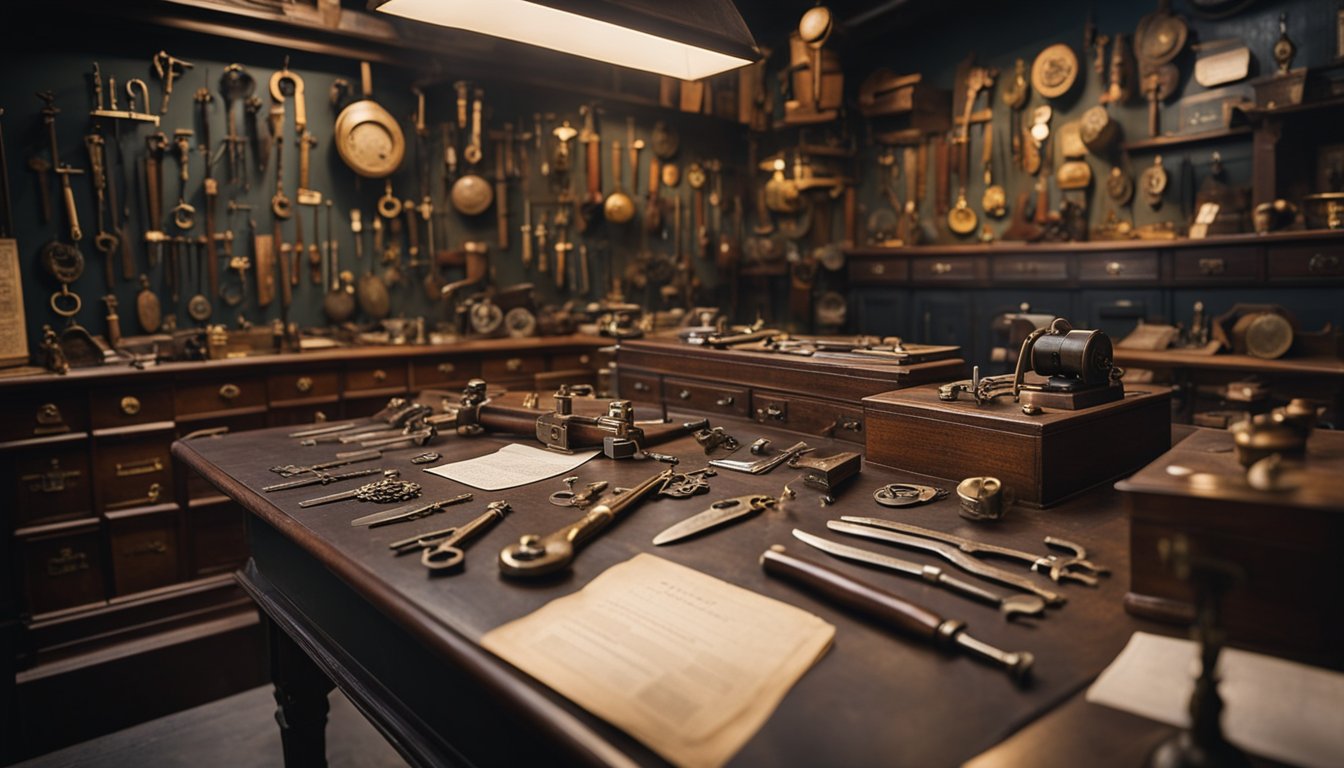 A locksmith's shop with antique tools and key designs displayed on the walls, alongside historical documents and books on locksmithing in the UK