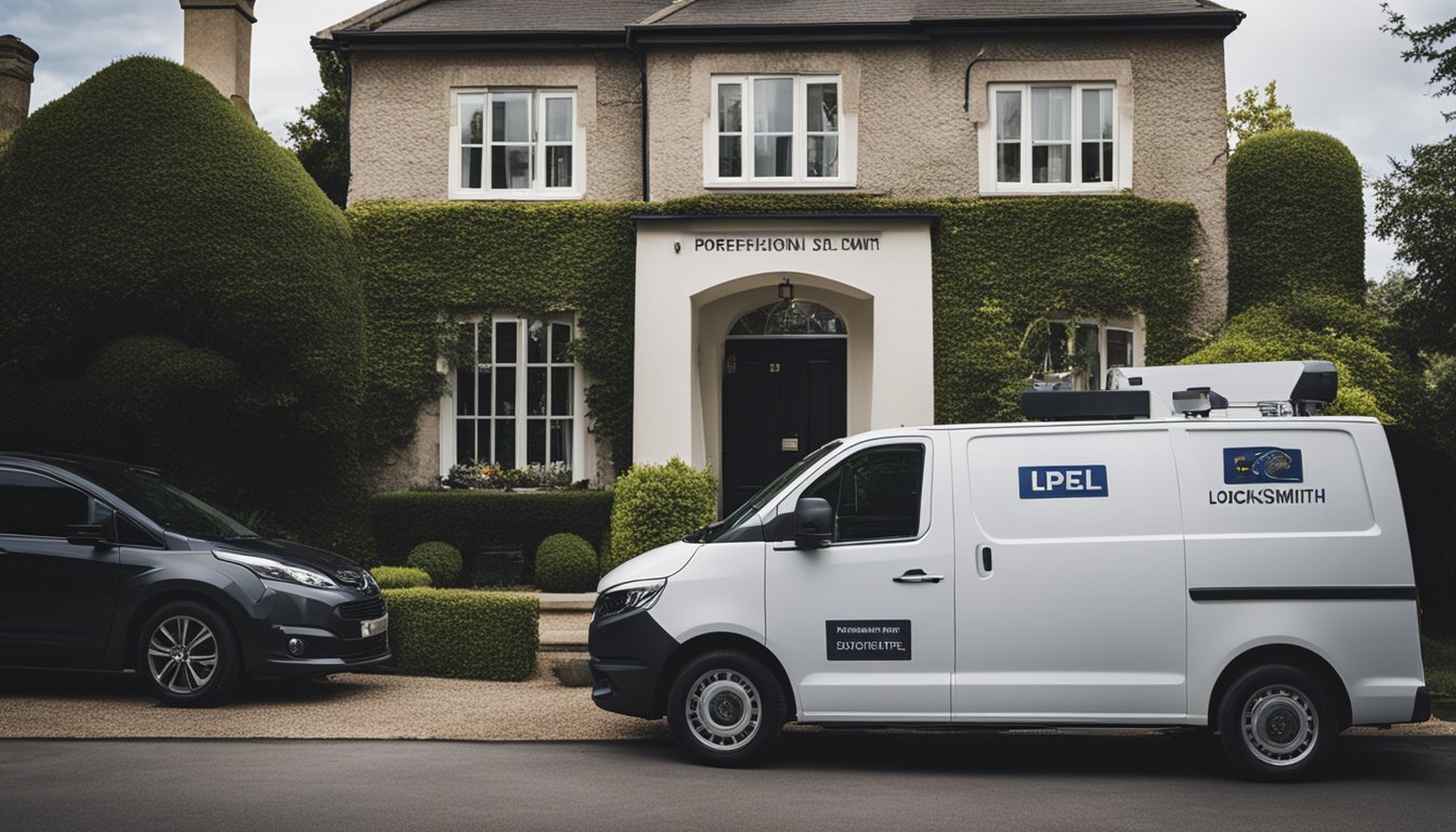 A locksmith van parked outside a residential home, with the locksmith checking their tools before entering