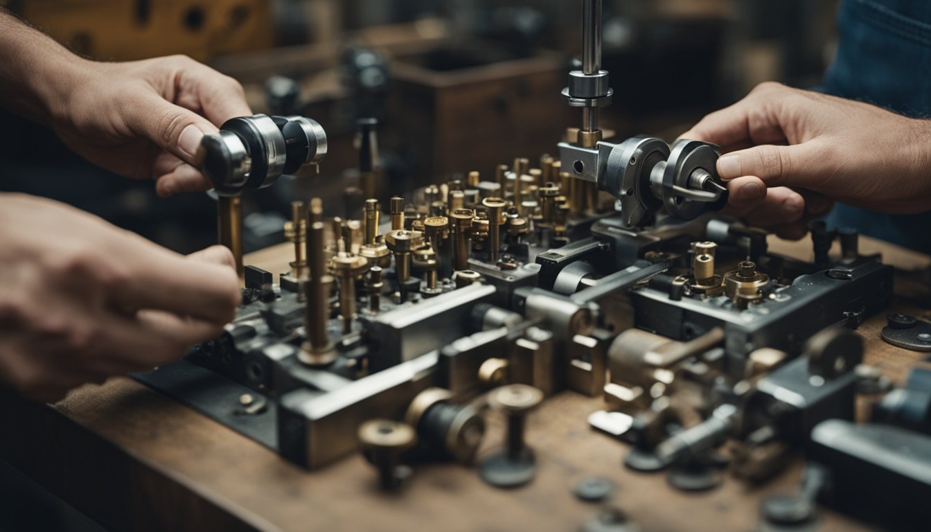 A locksmith carefully crafting a intricate lock mechanism in a workshop filled with old and modern tools