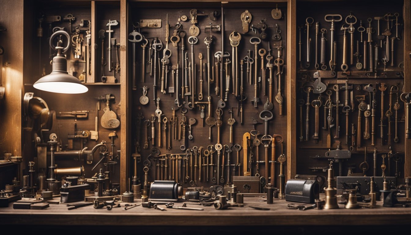 A locksmith's workshop with historical tools and modern key-cutting machines, surrounded by old locks and keys