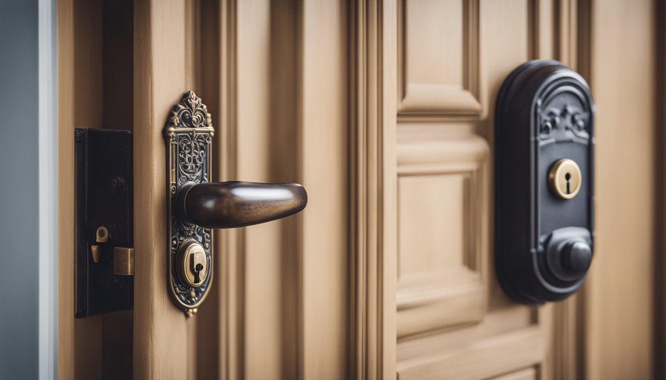 A vintage door with a traditional lock next to a modern smart lock, set against a backdrop of a historic period property