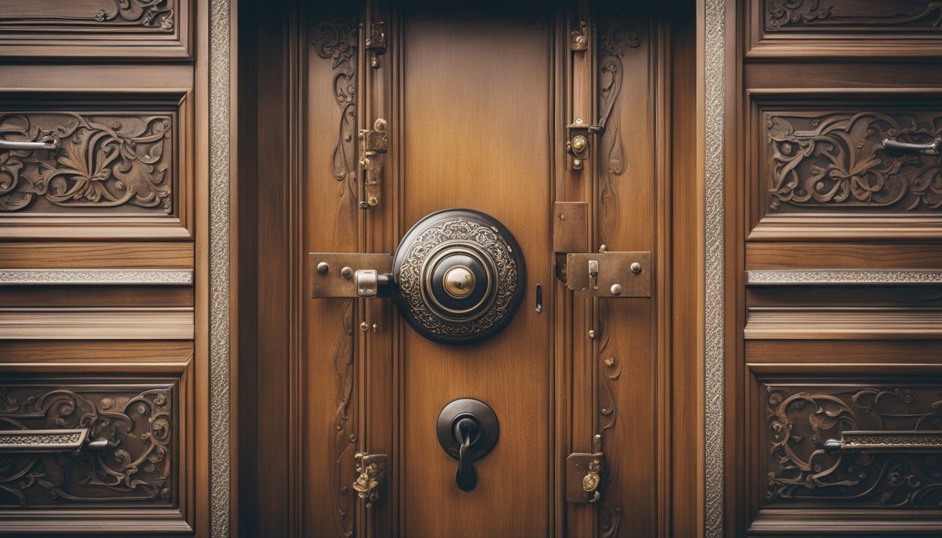 A vintage wooden door with ornate metal hardware secured by a sleek, modern electronic lock