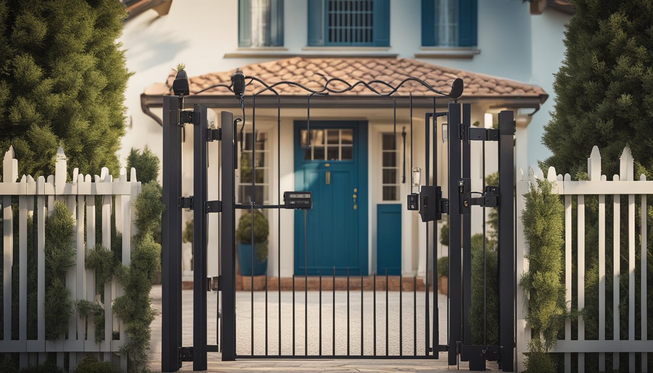 A holiday home surrounded by a sturdy fence with a locked gate, security cameras, and motion sensor lights. Windows and doors are reinforced with heavy-duty locks and shutters