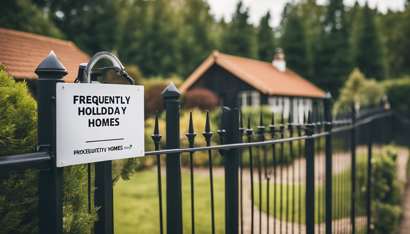 A cozy holiday home in the UK surrounded by a secure fence and a surveillance camera, with a sign displaying "Frequently Asked Questions - Protecting Holiday Homes" prominently placed